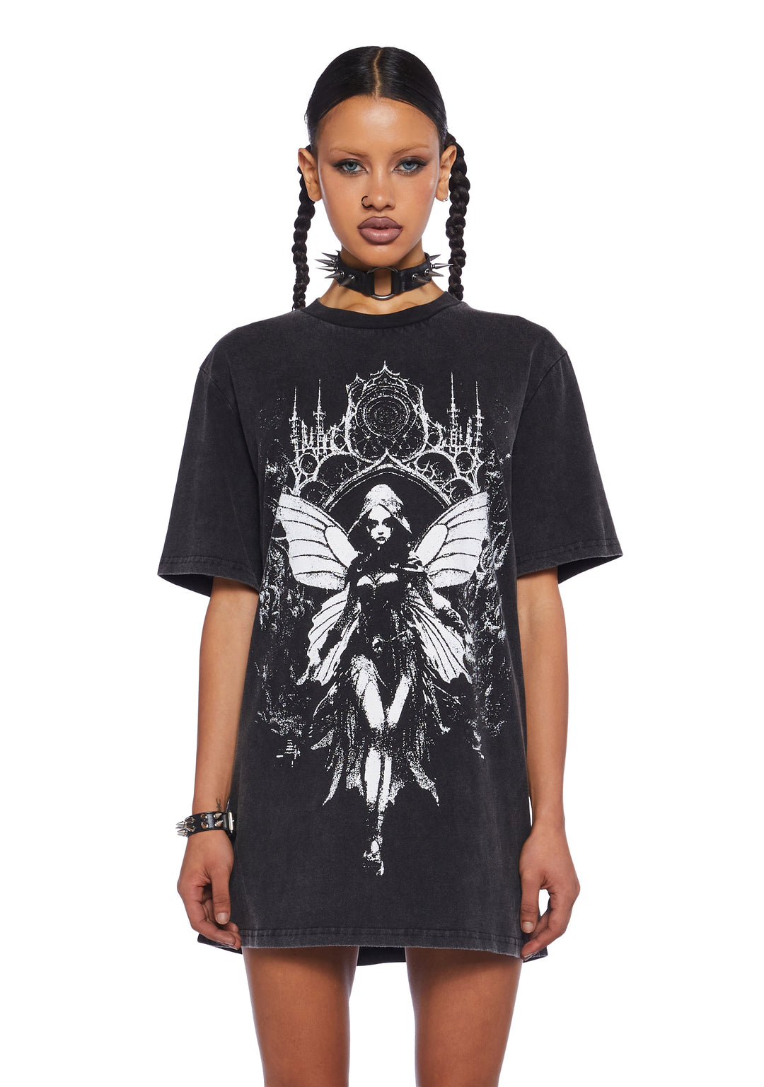 Halloween Women's Sorceress Fairy Pixie Dark Gothic Banshee Oversized Graphic Tee - Black