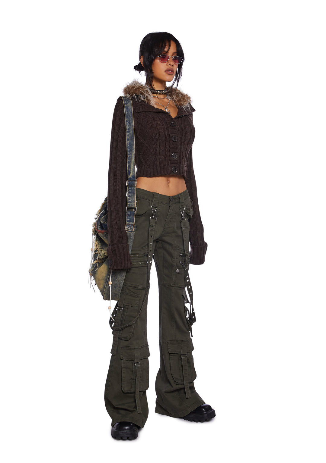 Current Mood Low Rise Skinny Flared Cargo Twill Cargo Pants - Green - Image 2