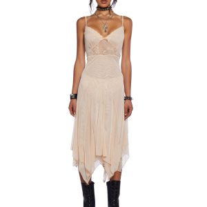 Current Mood Mesh Lace Handkerchief Hem Slip Dress - Off White
