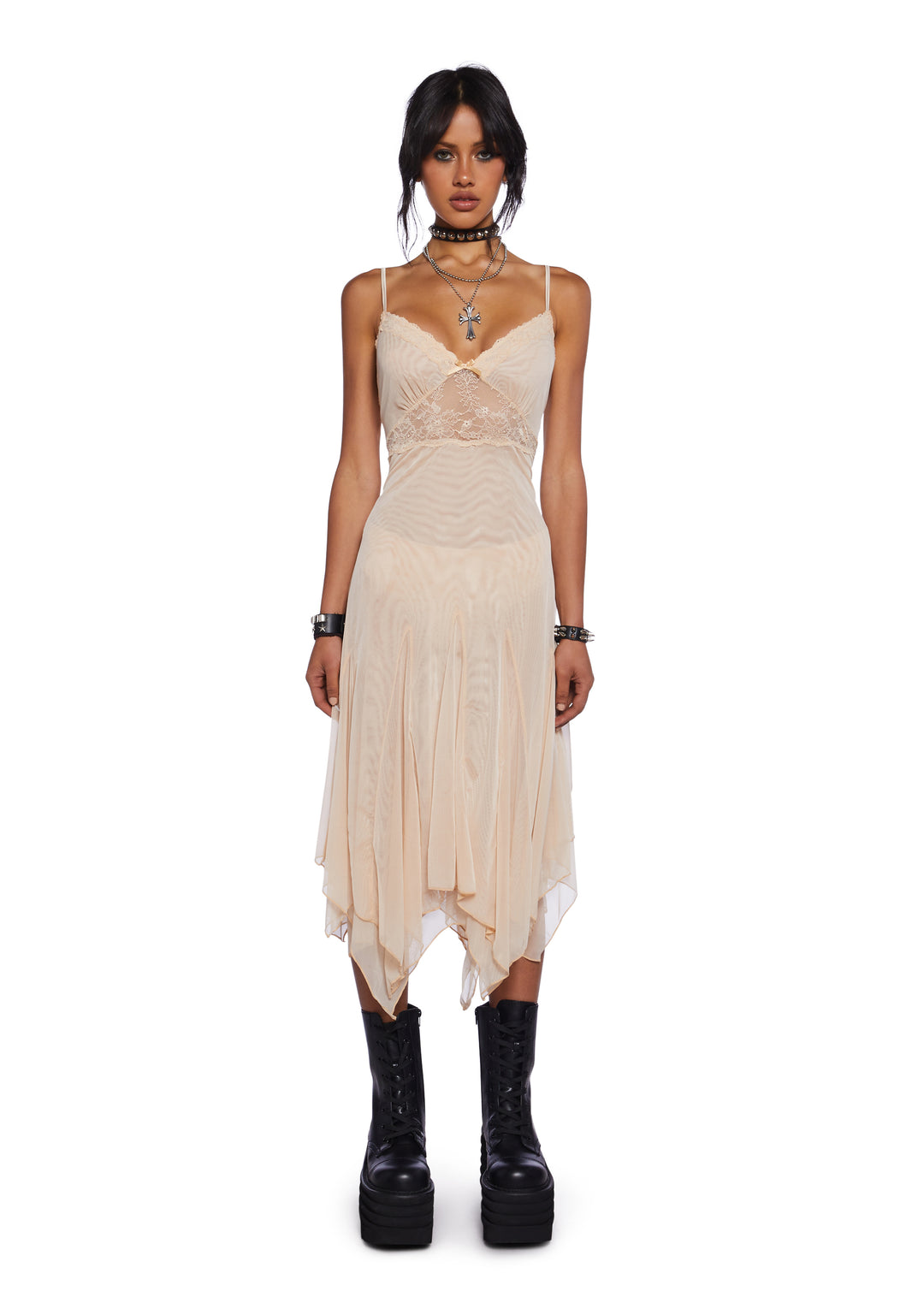 Current Mood Mesh Lace Handkerchief Hem Slip Dress - Off White