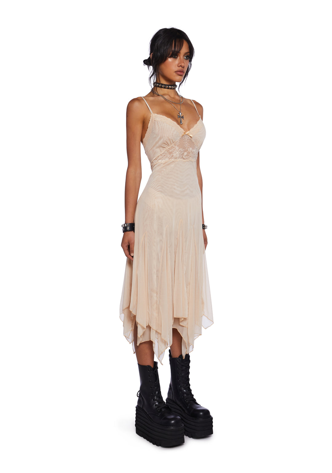 Current Mood Mesh Lace Handkerchief Hem Slip Dress - Off White - Image 2