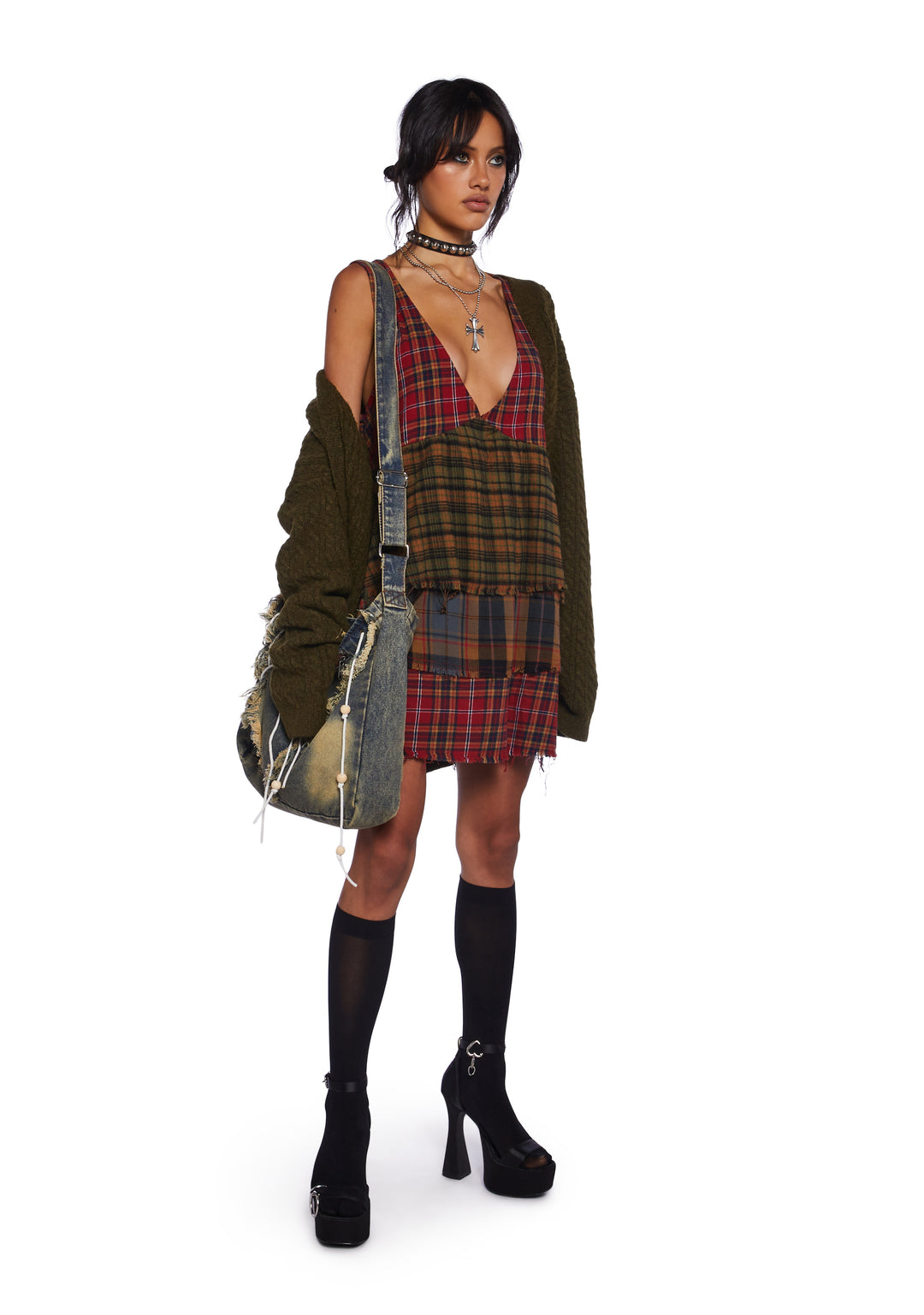 Current Mood Grunge Tiered Mixed Plaid Raw Hem Babydoll Dress - Multi - Image 2
