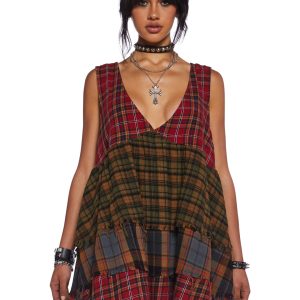 Current Mood Grunge Tiered Mixed Plaid Raw Hem Babydoll Dress - Multi