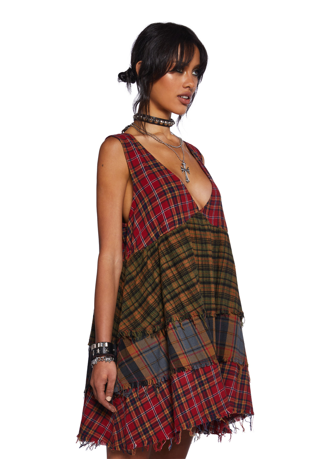 Current Mood Grunge Tiered Mixed Plaid Raw Hem Babydoll Dress - Multi - Image 3