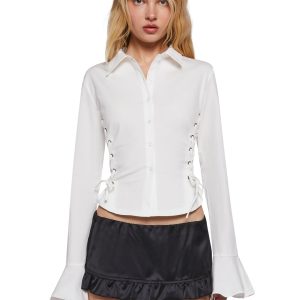 Delia's Academia Collared Poplin Lace Up Long Sleeve Top - White