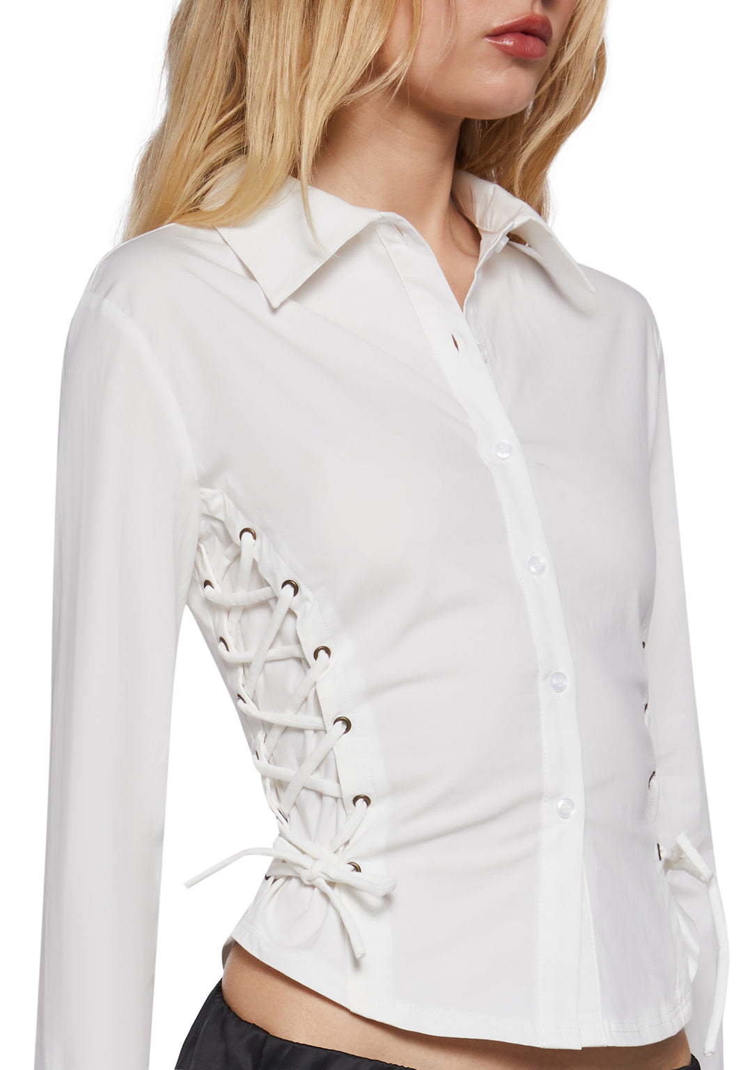 Delia's Academia Collared Poplin Lace Up Long Sleeve Top - White - Image 5