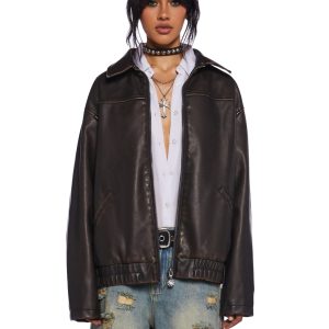Delia's Academia Vegan Leather Bomber Jacket - Brown