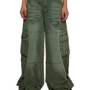 Current Mood Punquetee Punk Rock Strappy Washed Denim Baggy Pants - Green