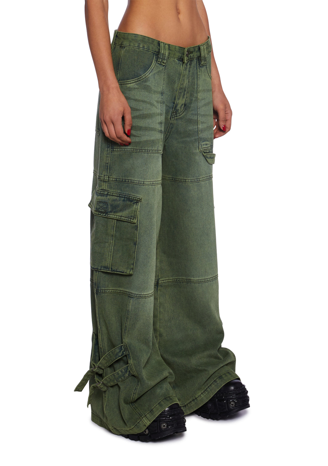 Current Mood Punquetee Punk Rock Strappy Washed Denim Baggy Pants - Green - Image 3