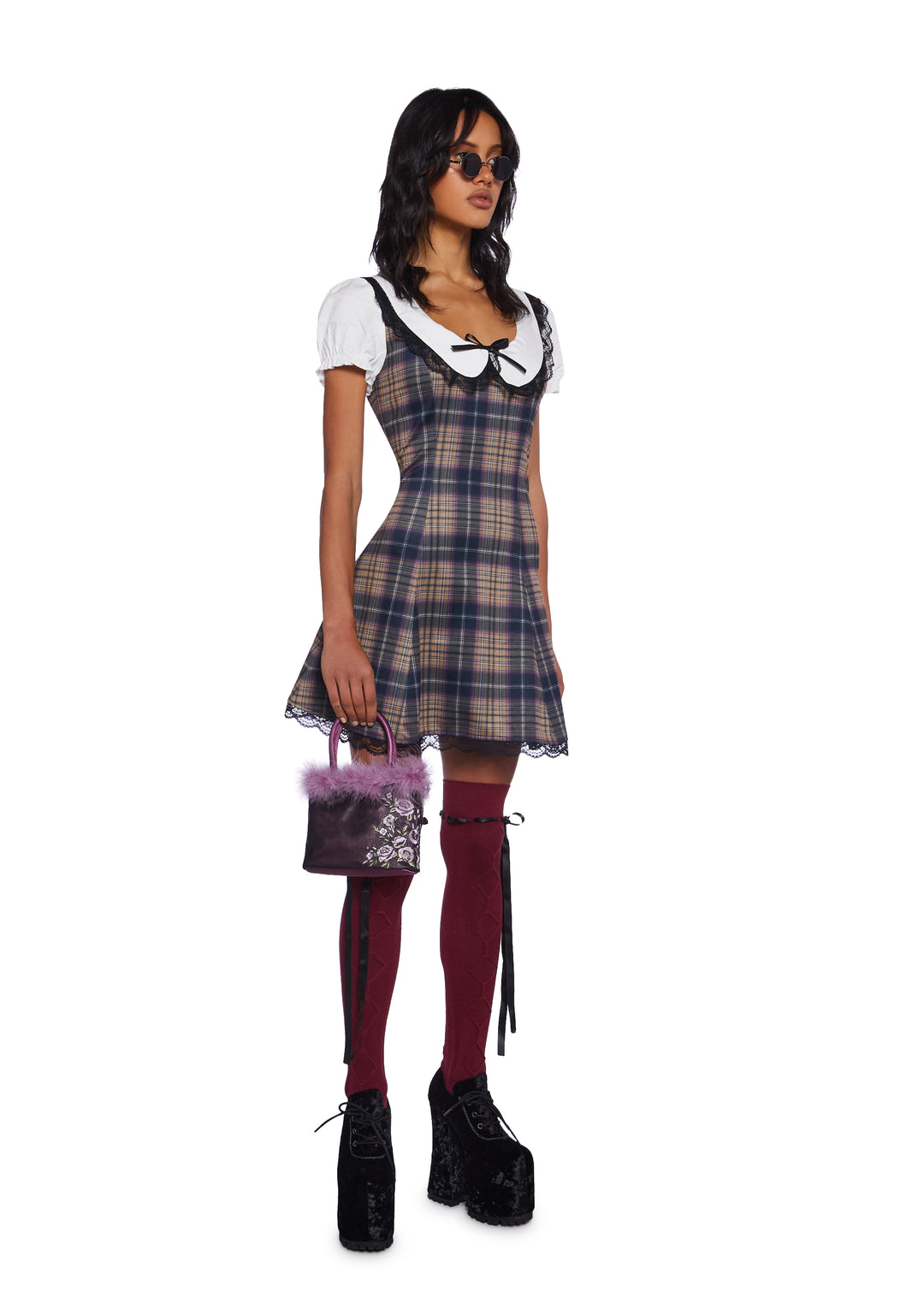 Delia's Academia Plaid Lace Collared Mini Dress - Multi - Image 2