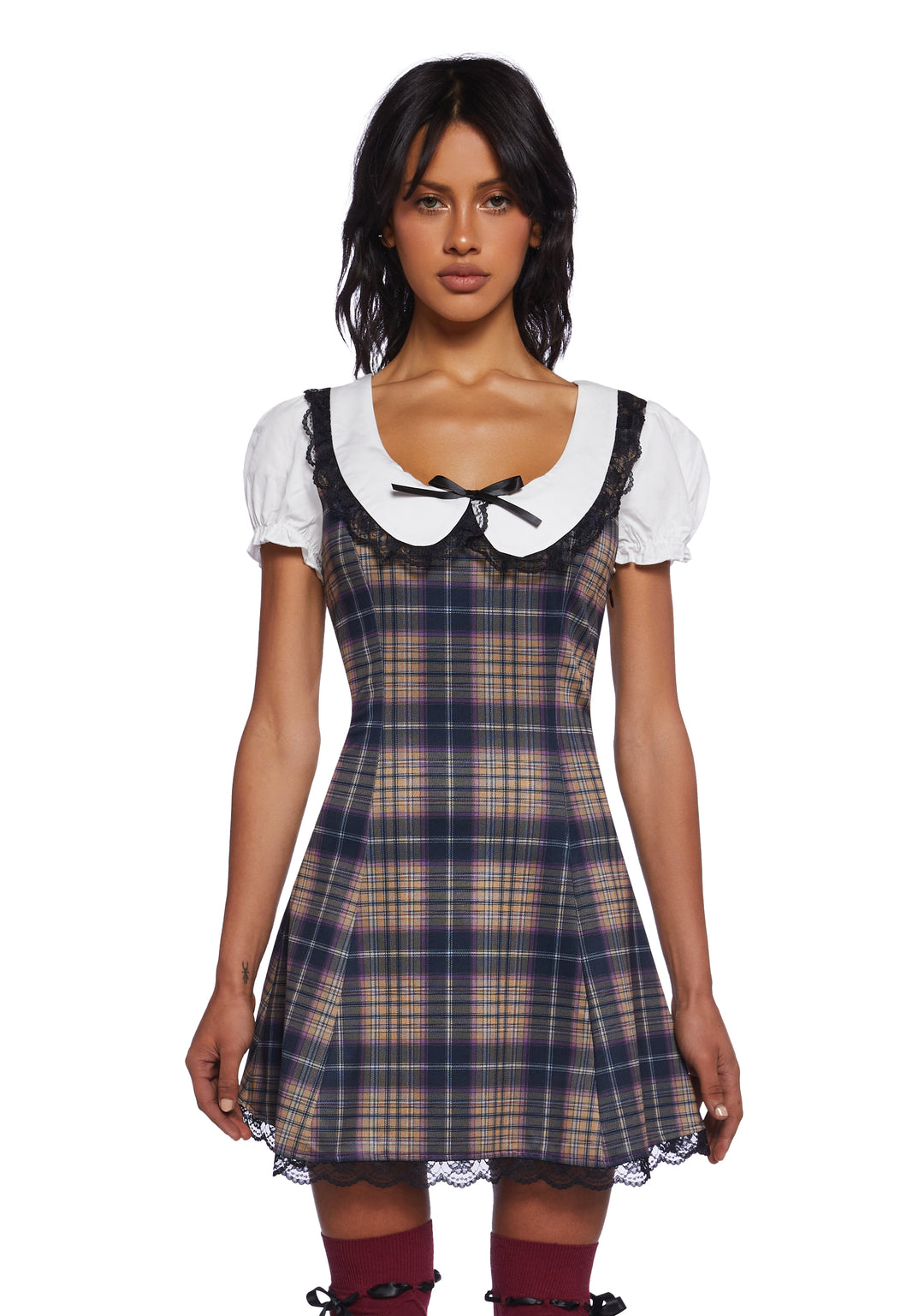 Delia's Academia Plaid Lace Collared Mini Dress - Multi