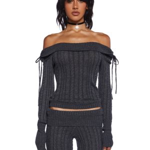 Delia's Academia Cable Knit Off-The-Shoulder Long Sleeve Top - Gray