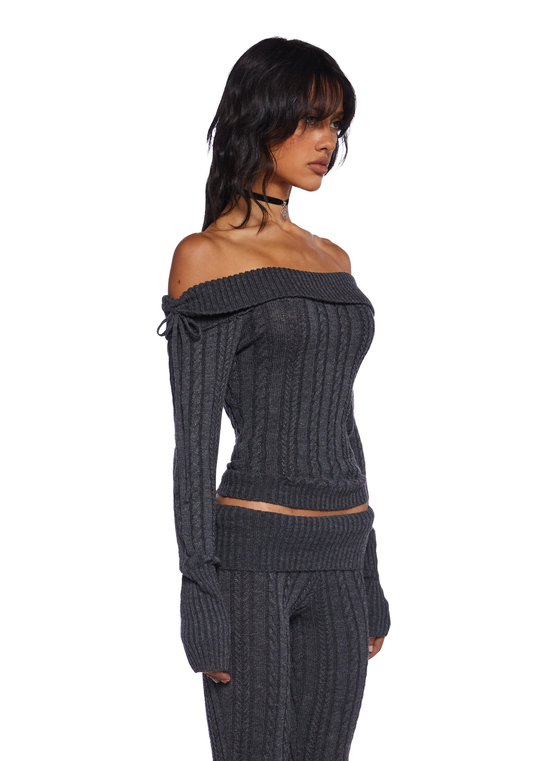 Delia's Academia Cable Knit Off-The-Shoulder Long Sleeve Top - Gray - Image 3