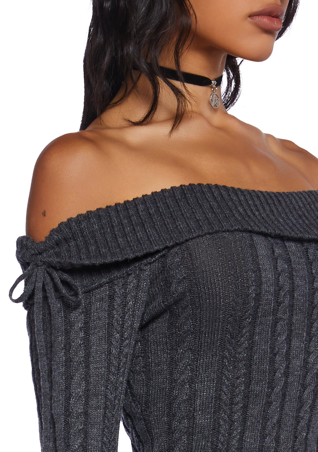 Delia's Academia Cable Knit Off-The-Shoulder Long Sleeve Top - Gray - Image 5
