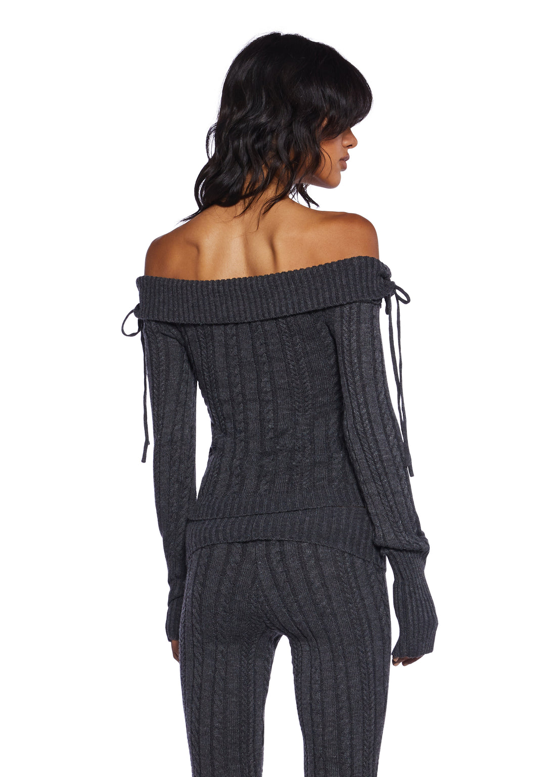 Delia's Academia Cable Knit Off-The-Shoulder Long Sleeve Top - Gray - Image 4