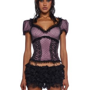 Sugar Thrillz Pastel Goth Stretchy Knit Swiss Dot Lace Puff Short Sleeve Top - Pink