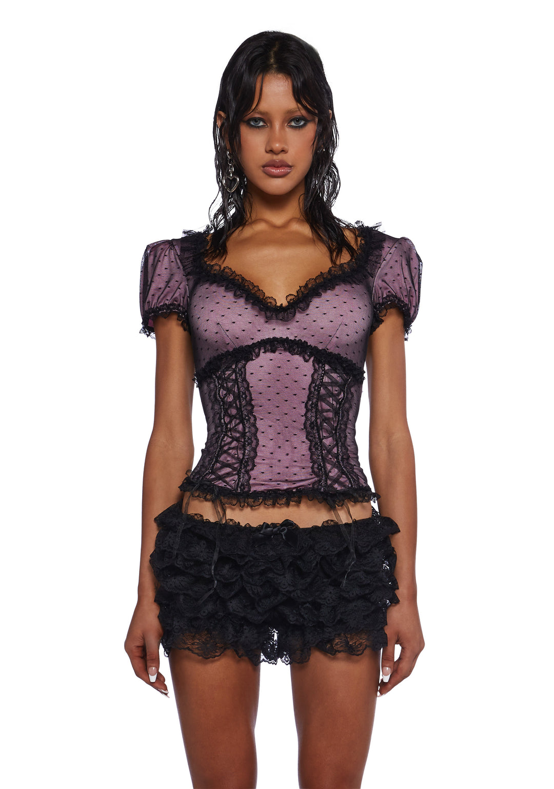 Sugar Thrillz Pastel Goth Stretchy Knit Swiss Dot Lace Puff Short Sleeve Top - Pink