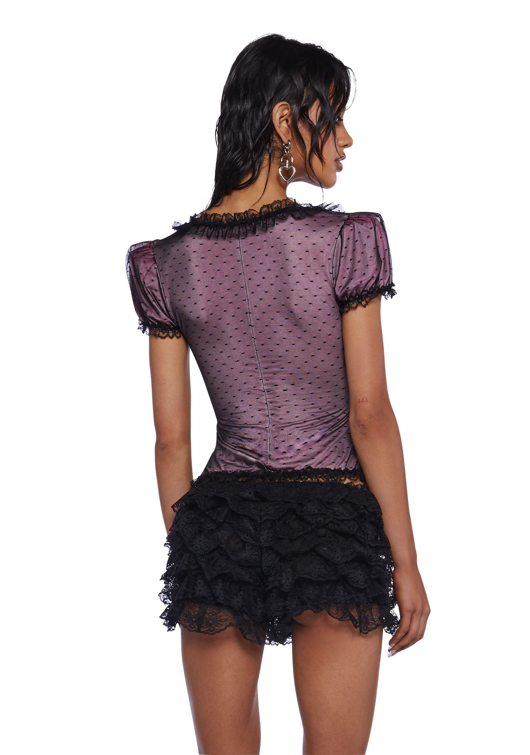 Sugar Thrillz Pastel Goth Stretchy Knit Swiss Dot Lace Puff Short Sleeve Top - Pink - Image 4