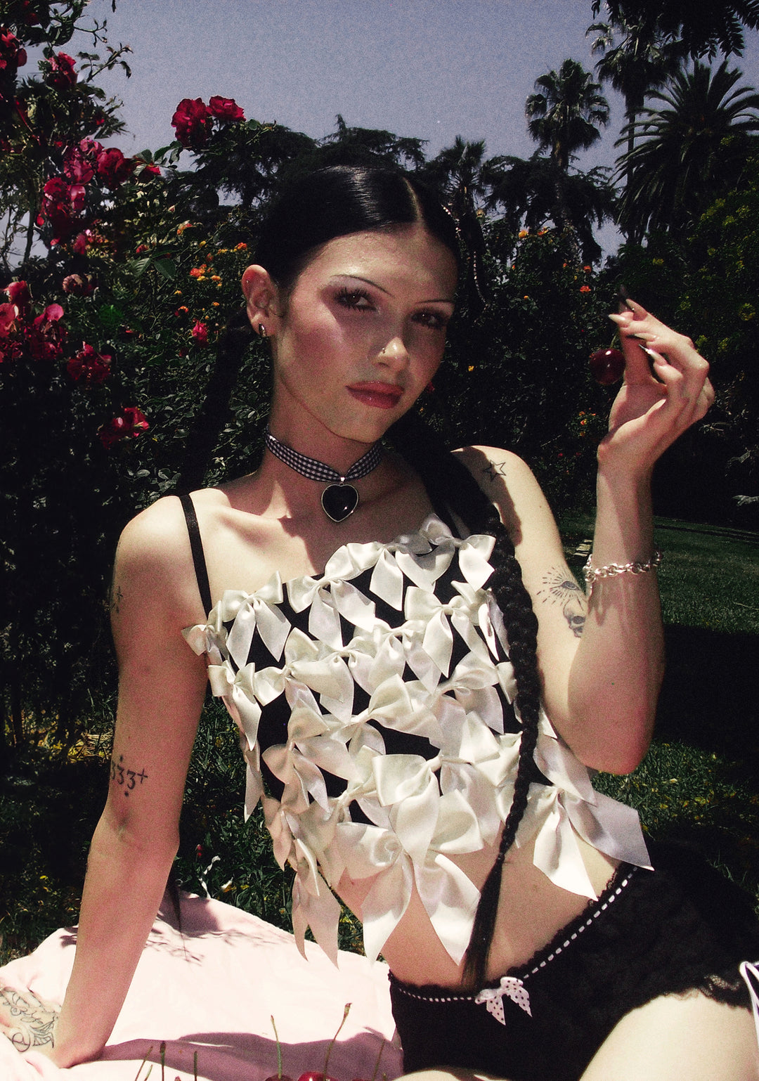 Sugar Thrillz Pastel Goth Twill Satin Bow Lace-Up Corset Top - Black - Image 9