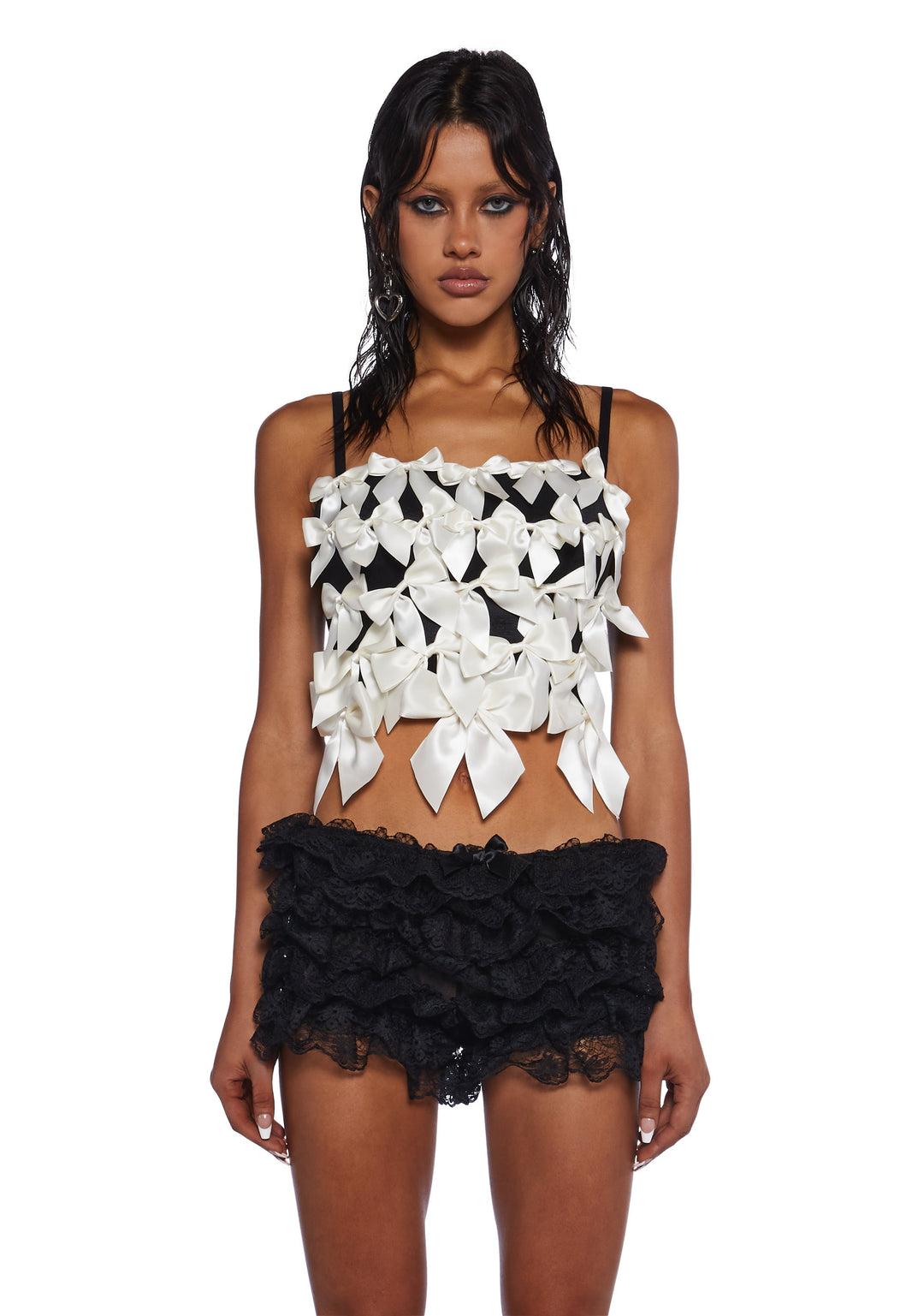 Sugar Thrillz Pastel Goth Twill Satin Bow Lace-Up Corset Top - Black