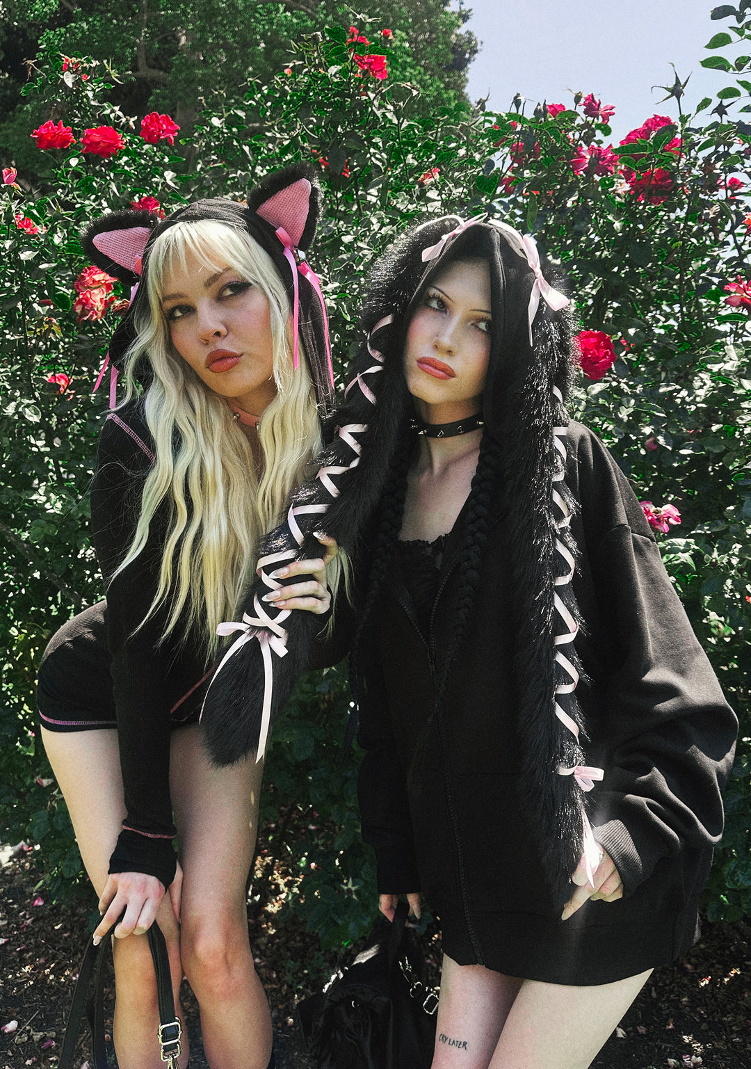 Sugar Thrillz Pastel Goth Faux Fur Ribbon Lace-Up Bunny Ear Zip-Up Hoodie - Black - Image 8