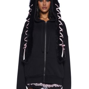 Sugar Thrillz Pastel Goth Faux Fur Ribbon Lace-Up Bunny Ear Zip-Up Hoodie - Black