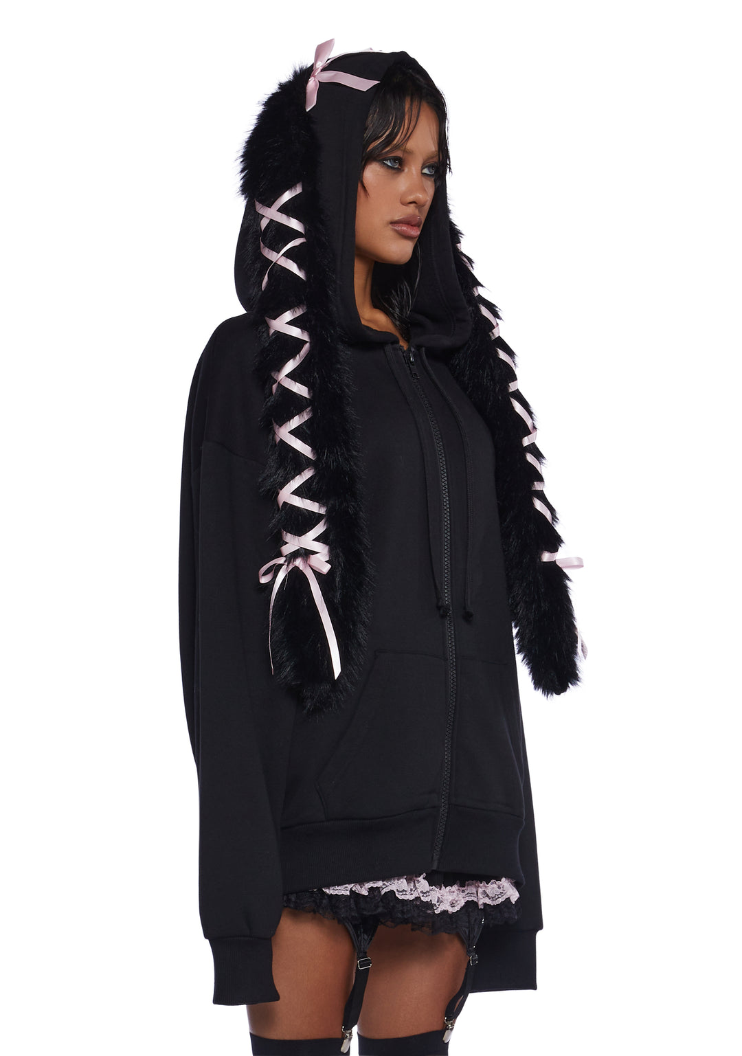 Sugar Thrillz Pastel Goth Faux Fur Ribbon Lace-Up Bunny Ear Zip-Up Hoodie - Black - Image 3