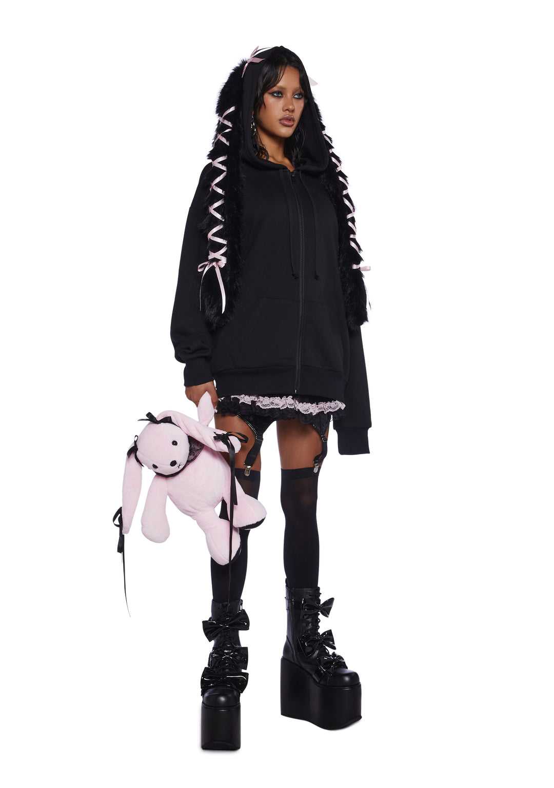 Sugar Thrillz Pastel Goth Faux Fur Ribbon Lace-Up Bunny Ear Zip-Up Hoodie - Black - Image 2