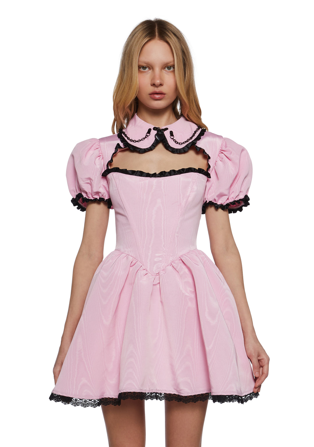 Sugar Thrillz Pastel Goth Taffeta Tulle Ruffled Short Puff Sleeve Mini Dress - Pink