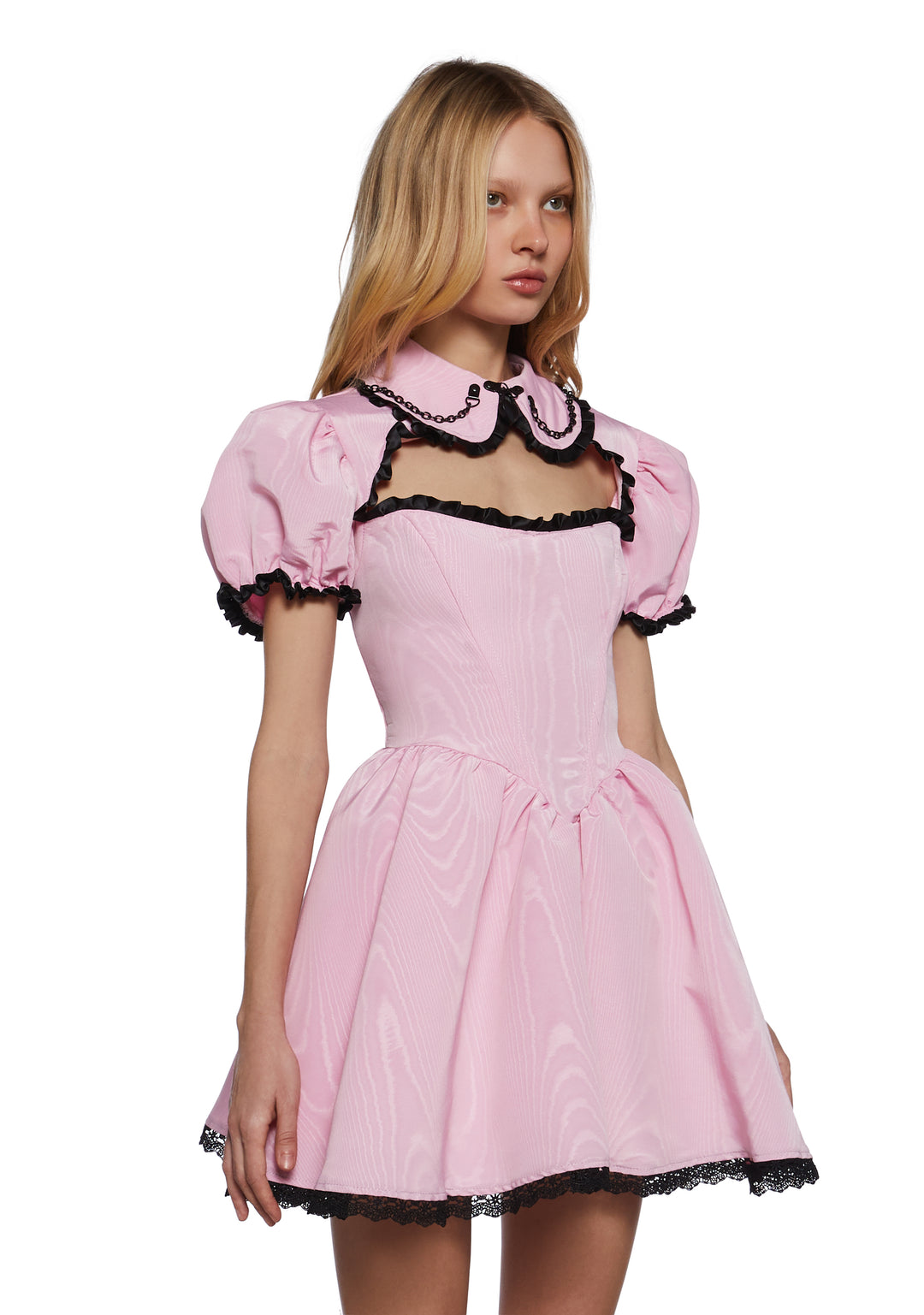Sugar Thrillz Pastel Goth Taffeta Tulle Ruffled Short Puff Sleeve Mini Dress - Pink - Image 3