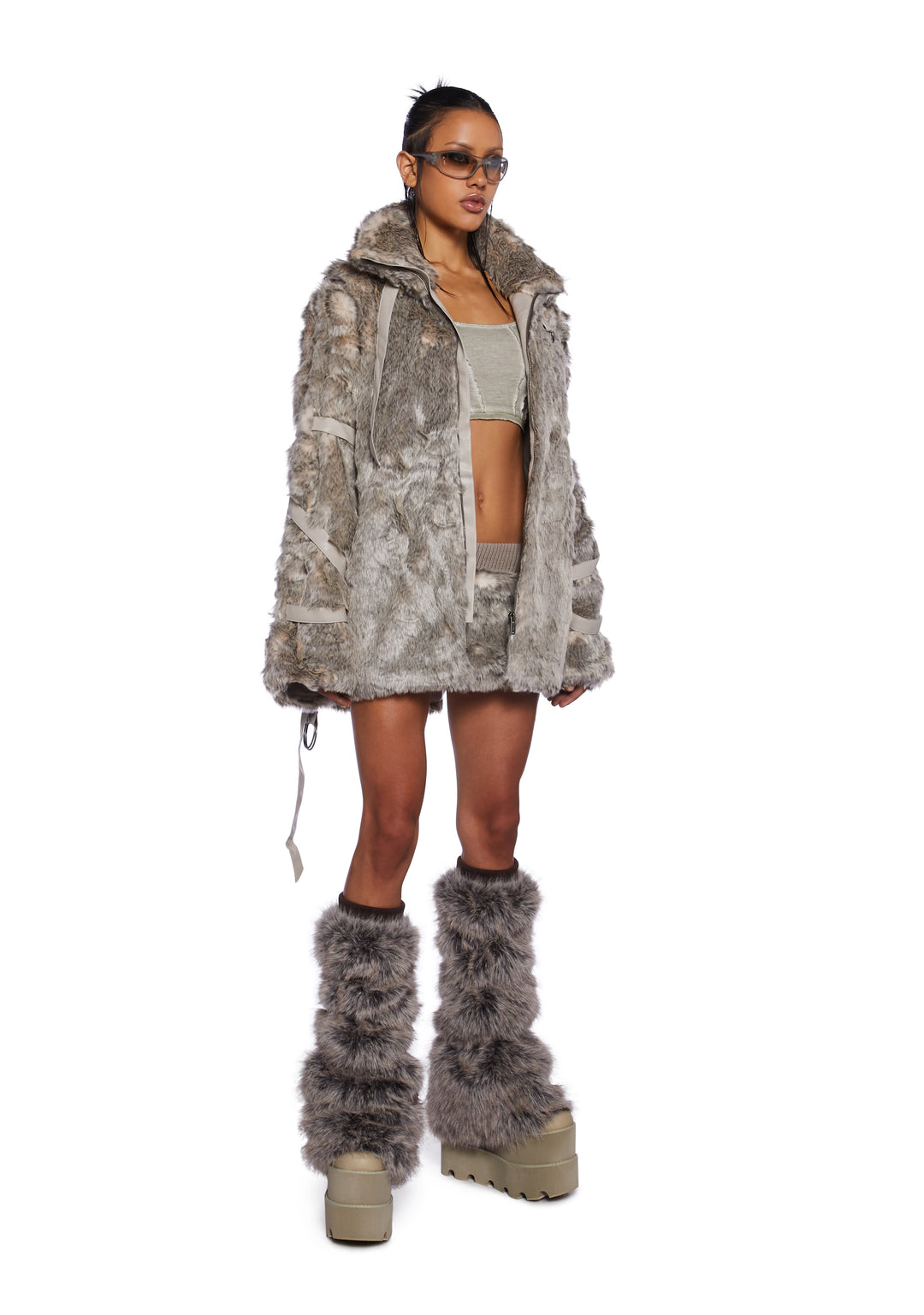 Darker Wavs Faux Fur Belt Loop High Collar Jacket With Removable Sleeves - Light Brown - Image 6