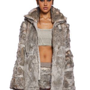 Darker Wavs Faux Fur Belt Loop High Collar Jacket With Removable Sleeves - Light Brown