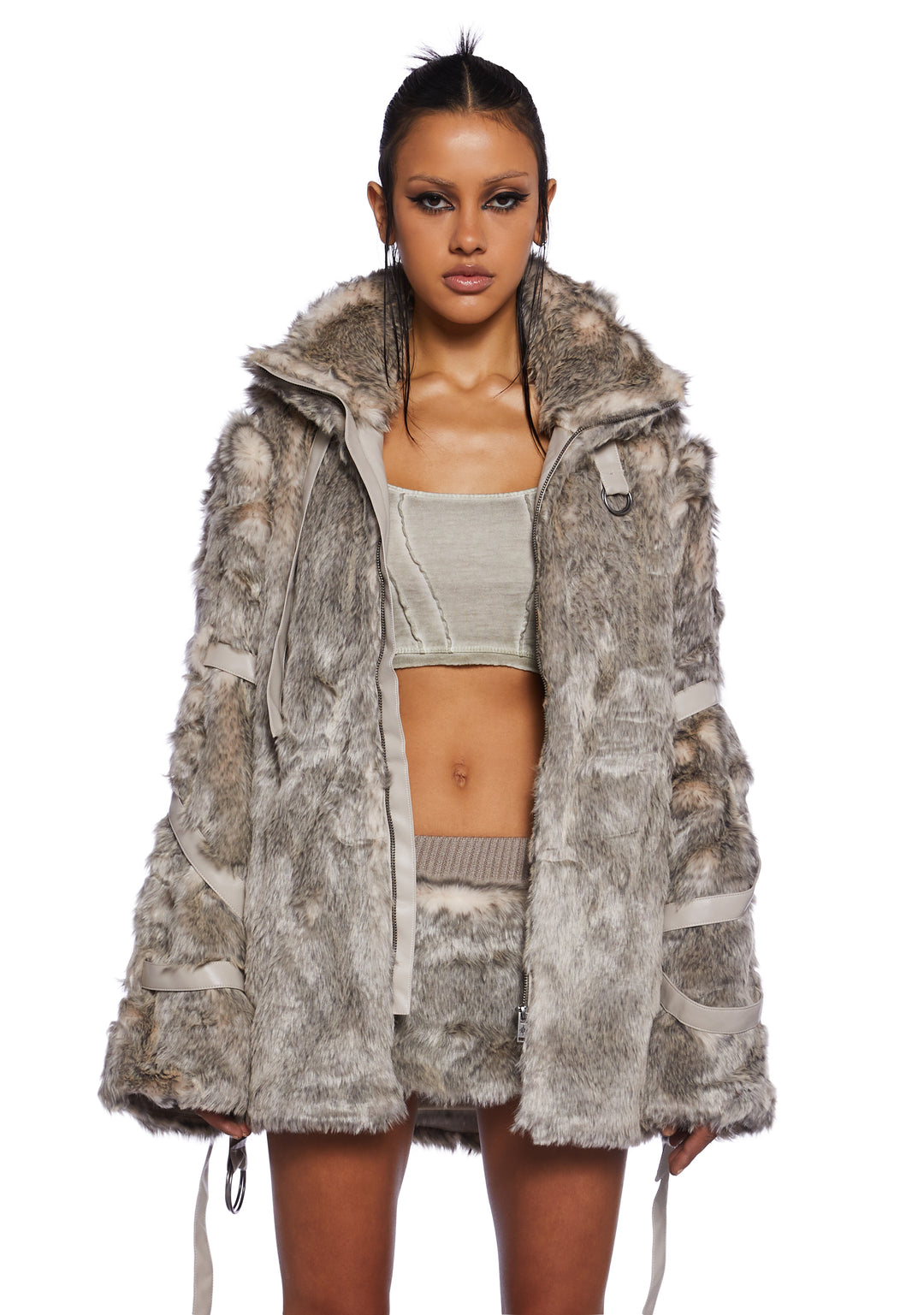 Darker Wavs Faux Fur Belt Loop High Collar Jacket With Removable Sleeves - Light Brown