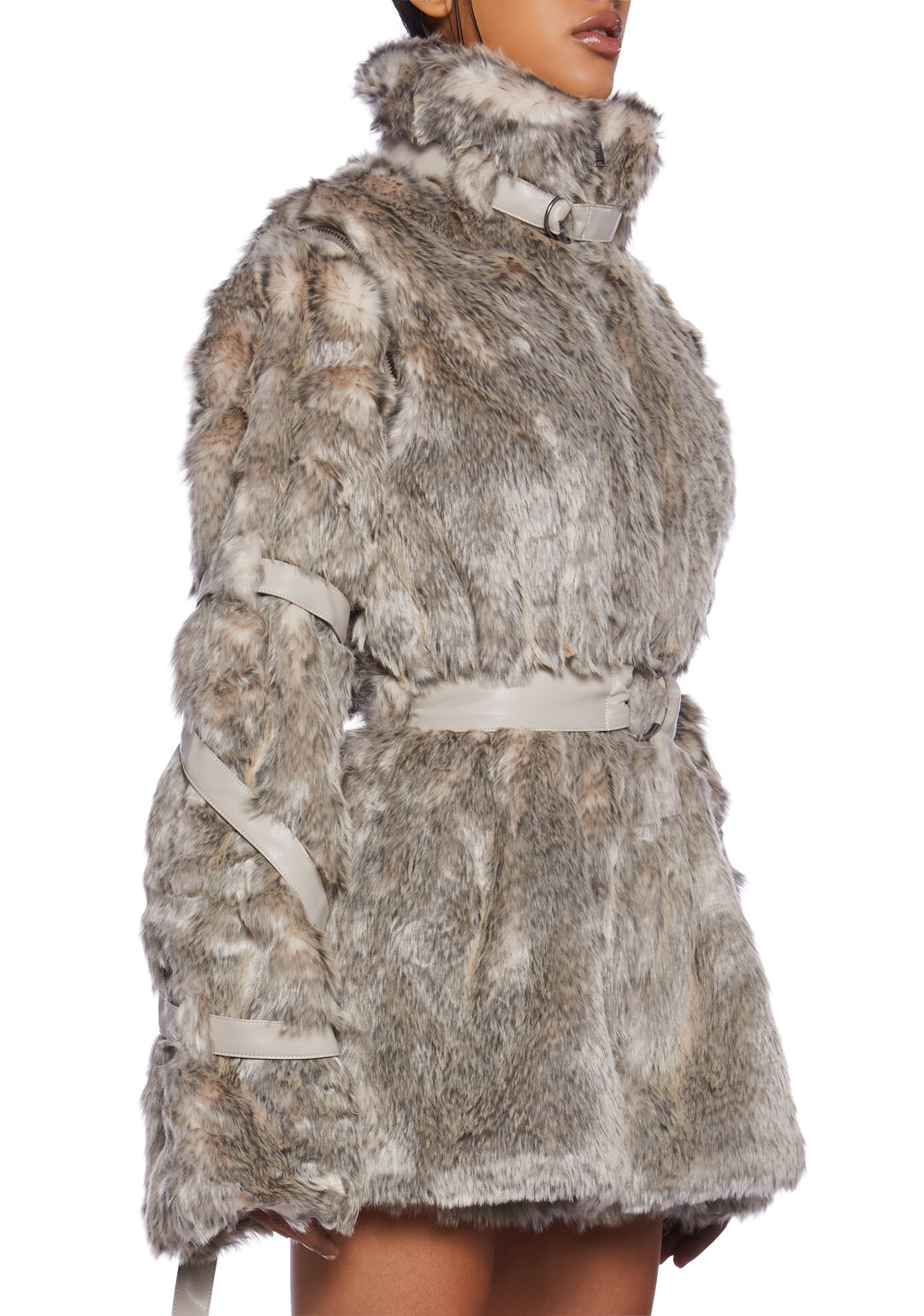 Darker Wavs Faux Fur Belt Loop High Collar Jacket With Removable Sleeves - Light Brown - Image 5