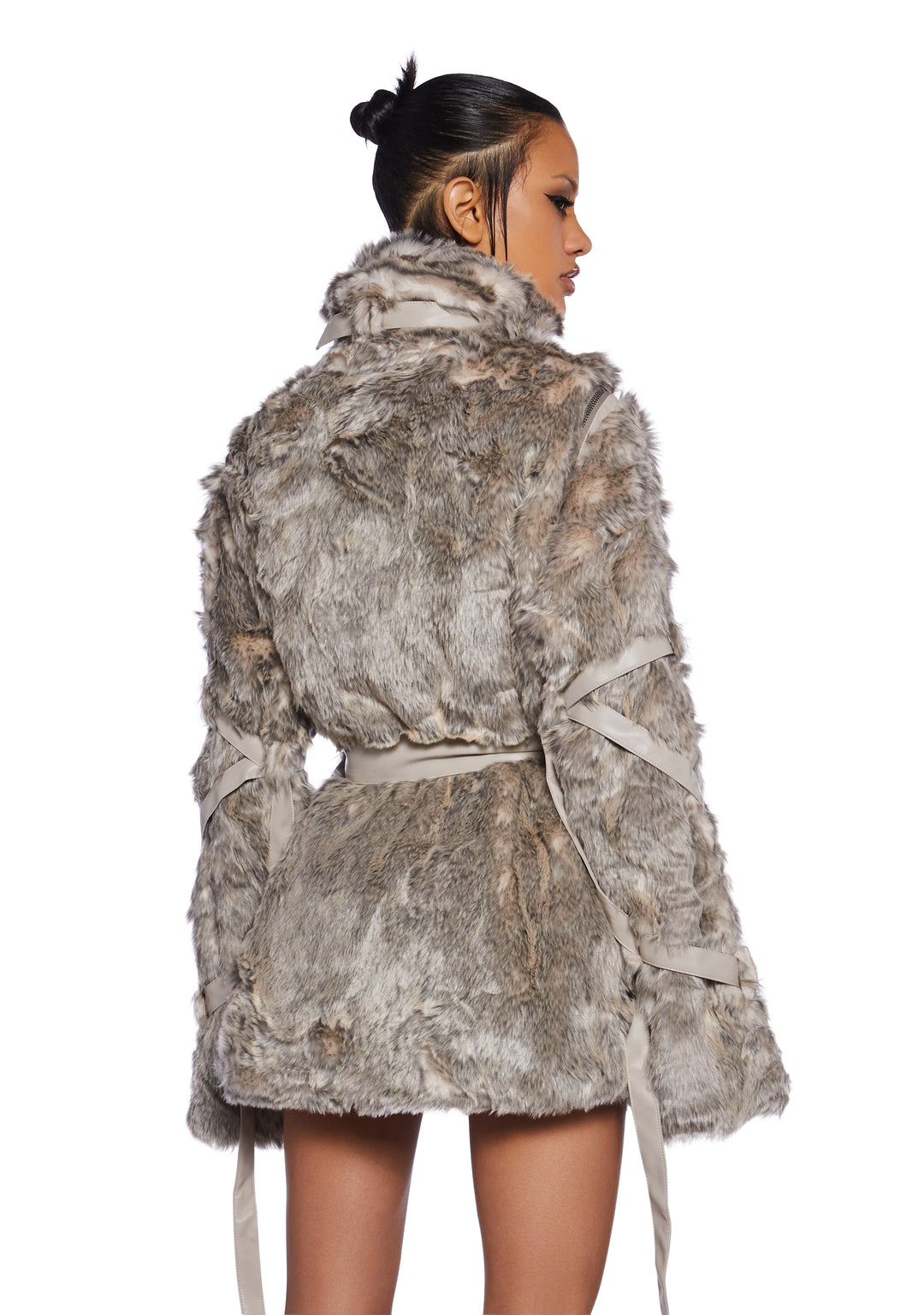 Darker Wavs Faux Fur Belt Loop High Collar Jacket With Removable Sleeves - Light Brown - Image 4