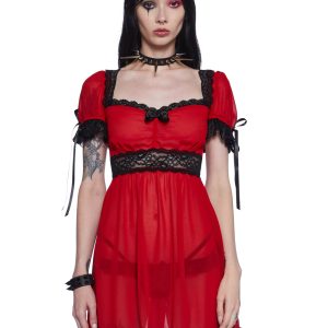 Widow Goth Cirque Noir Sheer Chiffon Lace Empire Waist Mini Dress - Red