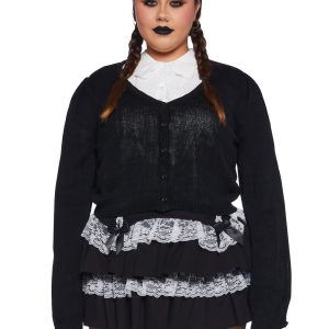 Plus Size Widow Goth Cirque Noir Dramatic Bell Sleeve Knit Cardigan - Black