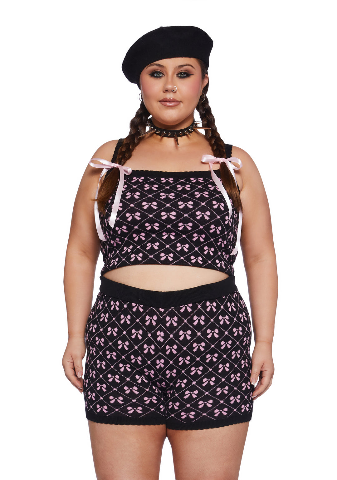 Plus Size Sugar Thrillz Intarsia Bow Graphic Tank And Shorts PJ Lounge Set - Black