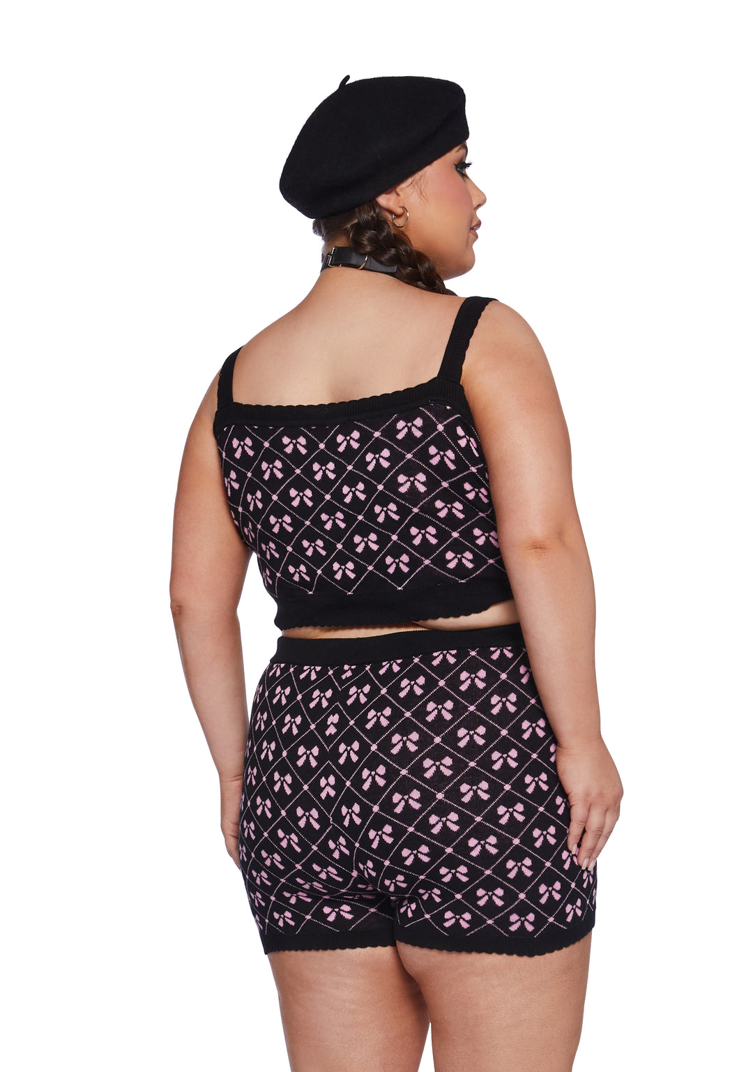 Plus Size Sugar Thrillz Intarsia Bow Graphic Tank And Shorts PJ Lounge Set - Black - Image 4