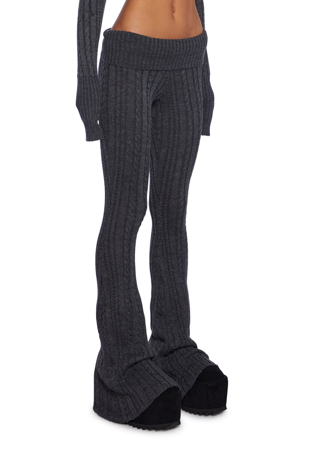 Delia's Academia Stretchy Cable Knit Folder Waist Flare Pants - Gray - Image 3