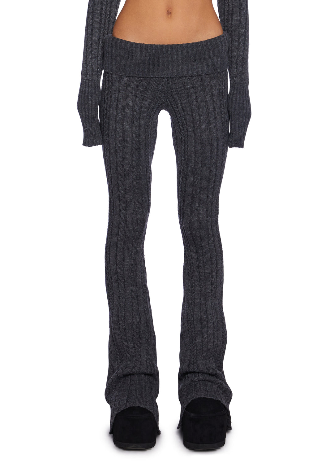 Delia's Academia Stretchy Cable Knit Folder Waist Flare Pants - Gray