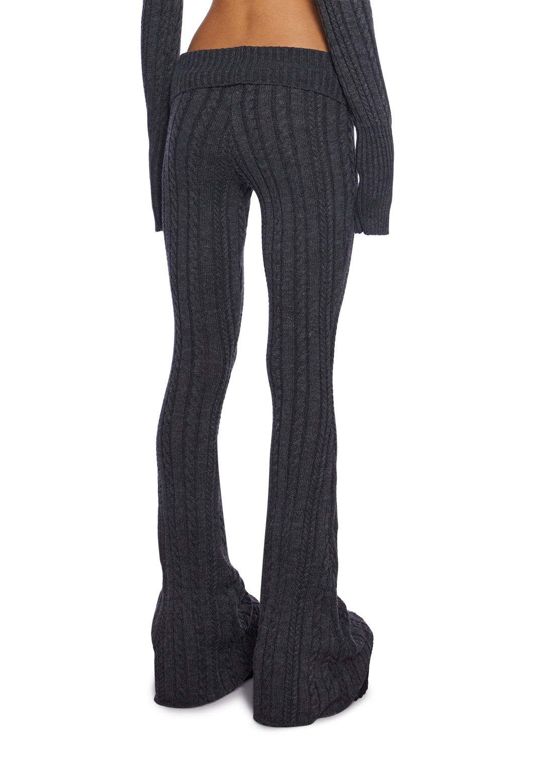Delia's Academia Stretchy Cable Knit Folder Waist Flare Pants - Gray - Image 4