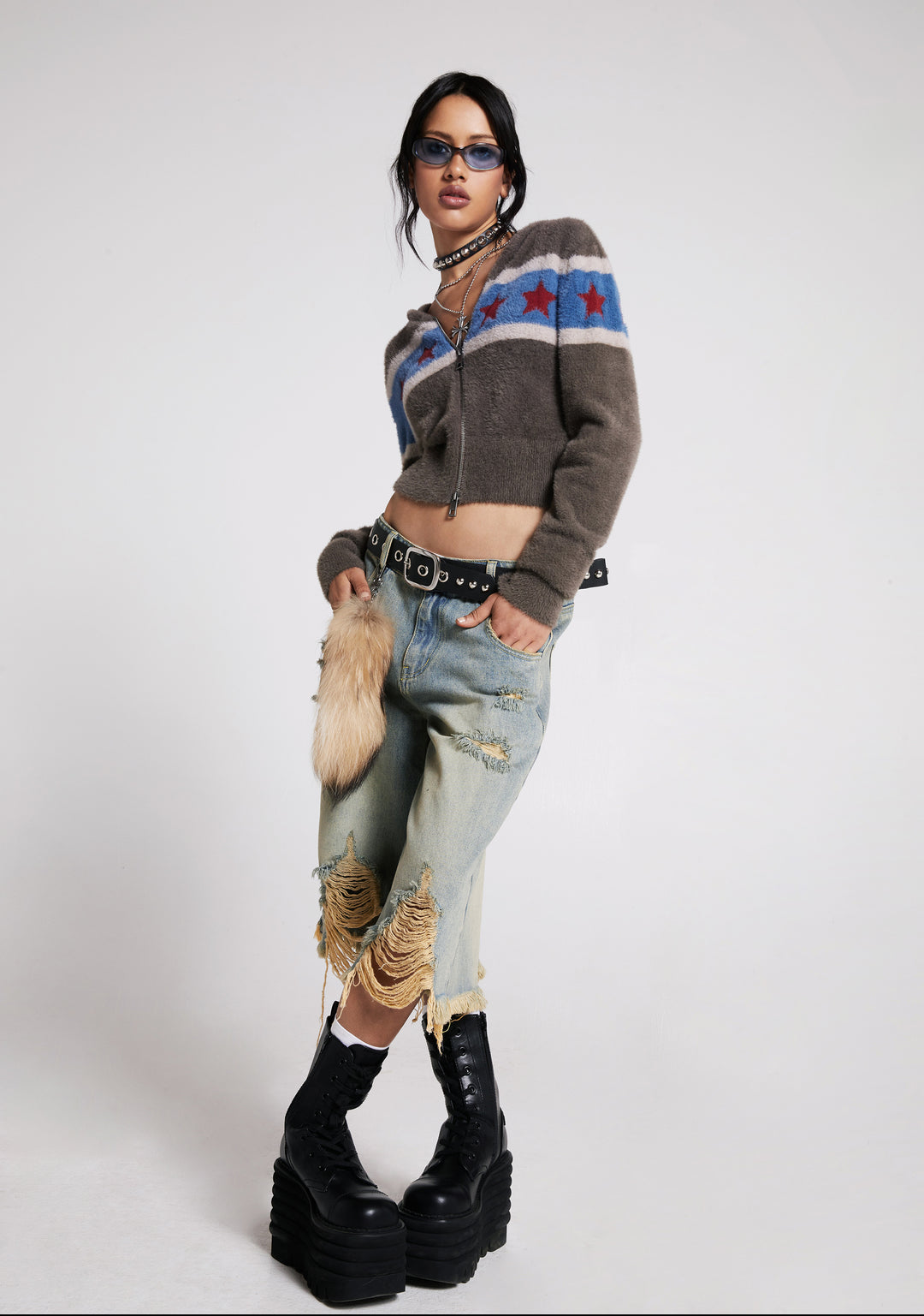 Current Mood Washed Ripped Denim Long Shorts - Blue - Image 7