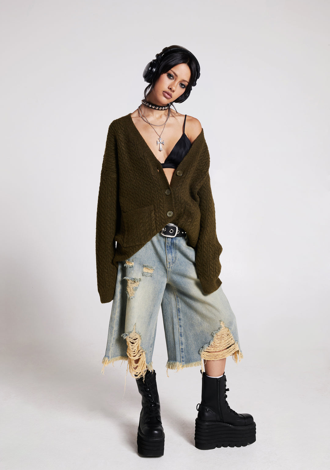 Current Mood Washed Ripped Denim Long Shorts - Blue - Image 8