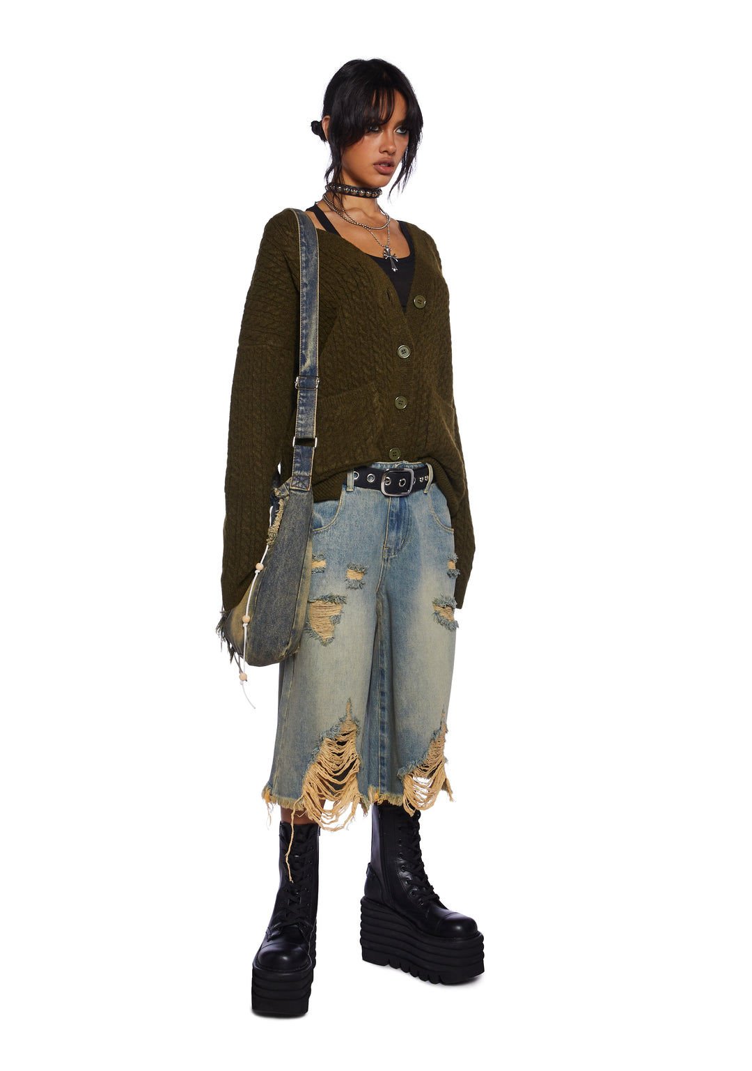 Current Mood Washed Ripped Denim Long Shorts - Blue - Image 2