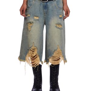 Current Mood Washed Ripped Denim Long Shorts - Blue