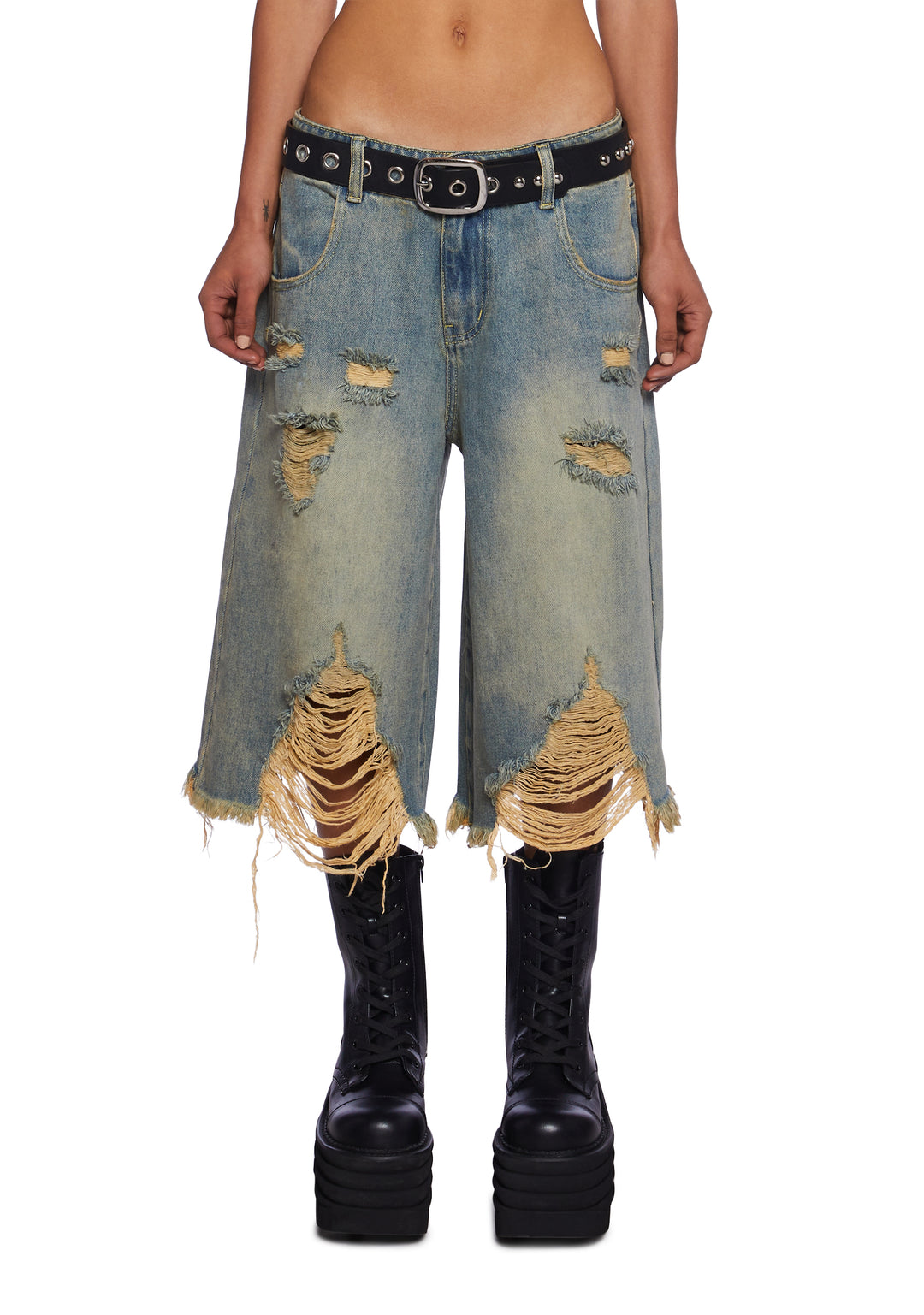 Current Mood Washed Ripped Denim Long Shorts - Blue