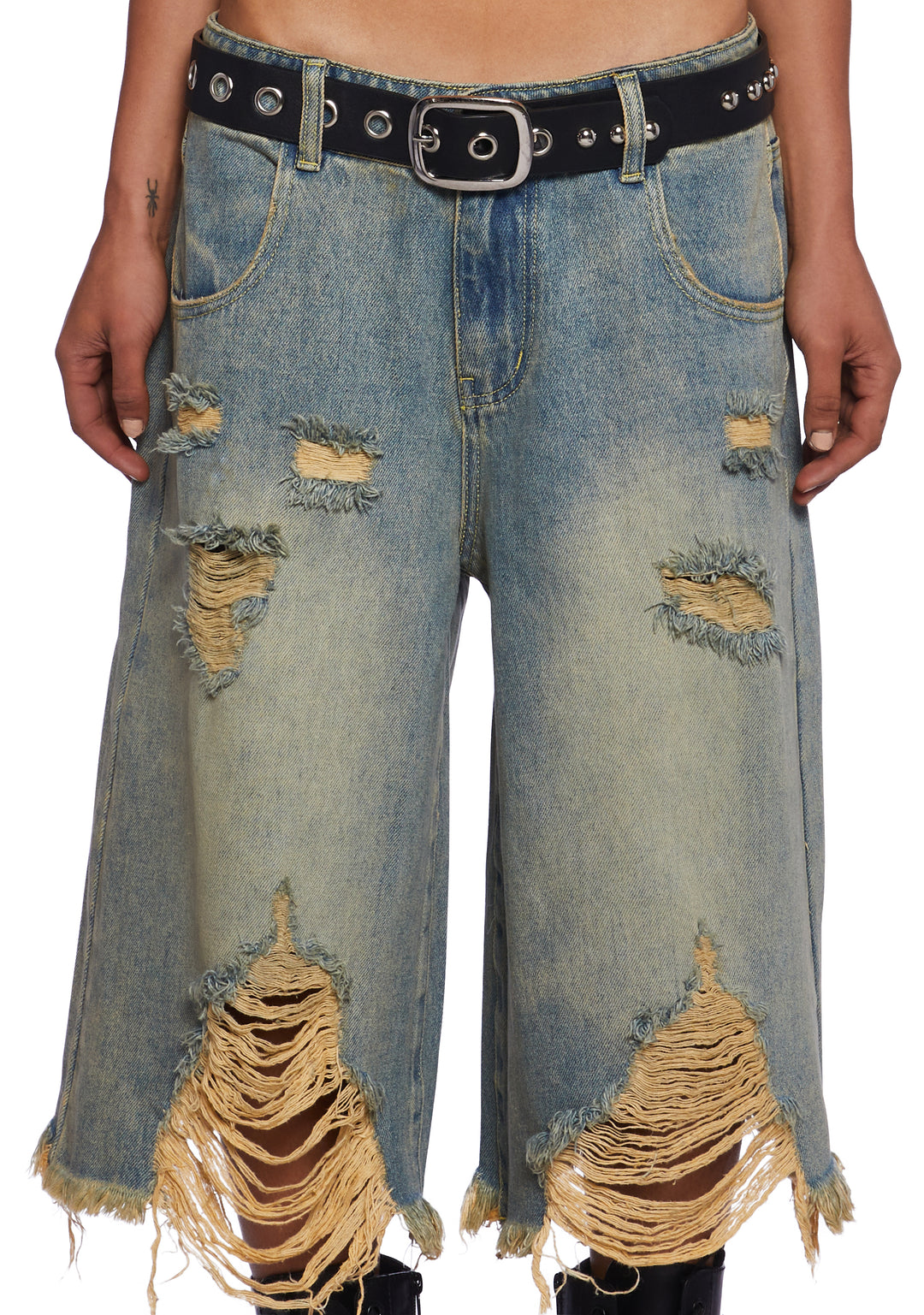 Current Mood Washed Ripped Denim Long Shorts - Blue - Image 5