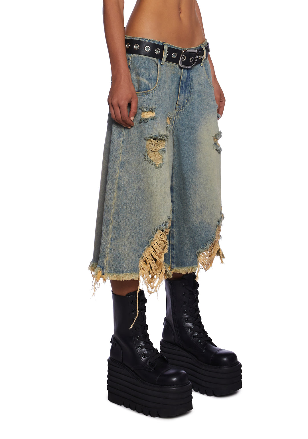 Current Mood Washed Ripped Denim Long Shorts - Blue - Image 3