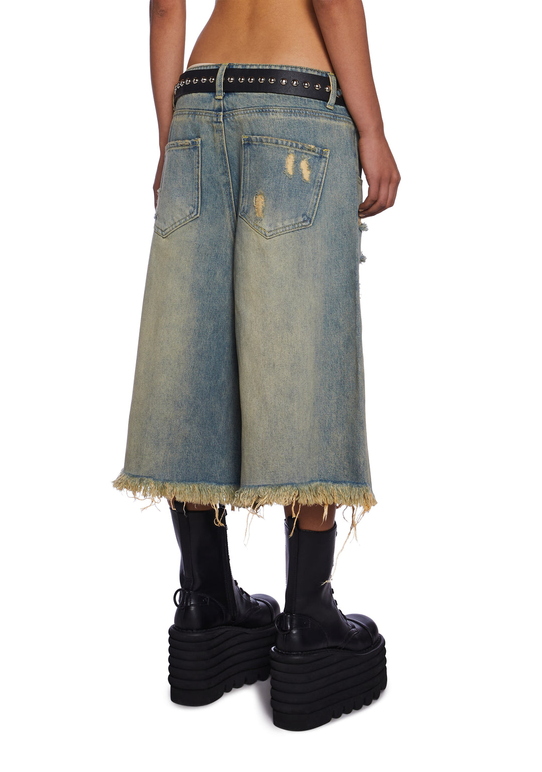 Current Mood Washed Ripped Denim Long Shorts - Blue - Image 4